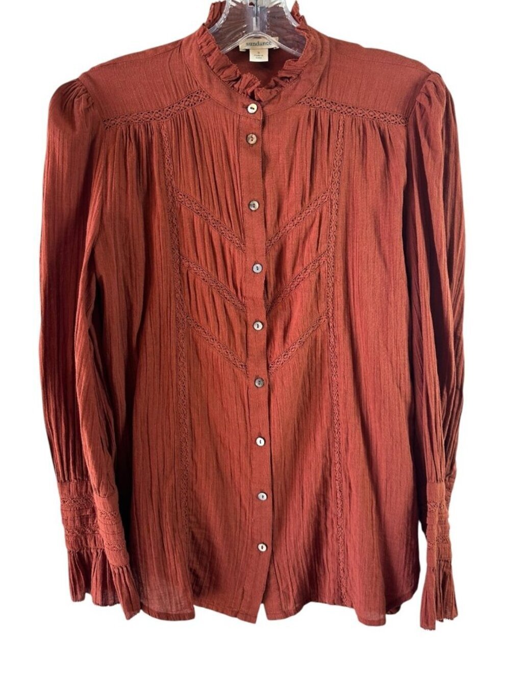 Sundance Rust Cotton Victorian Prairie Blouse Size Small Ruffle Neck Lace Trim - Picture 2 of 6